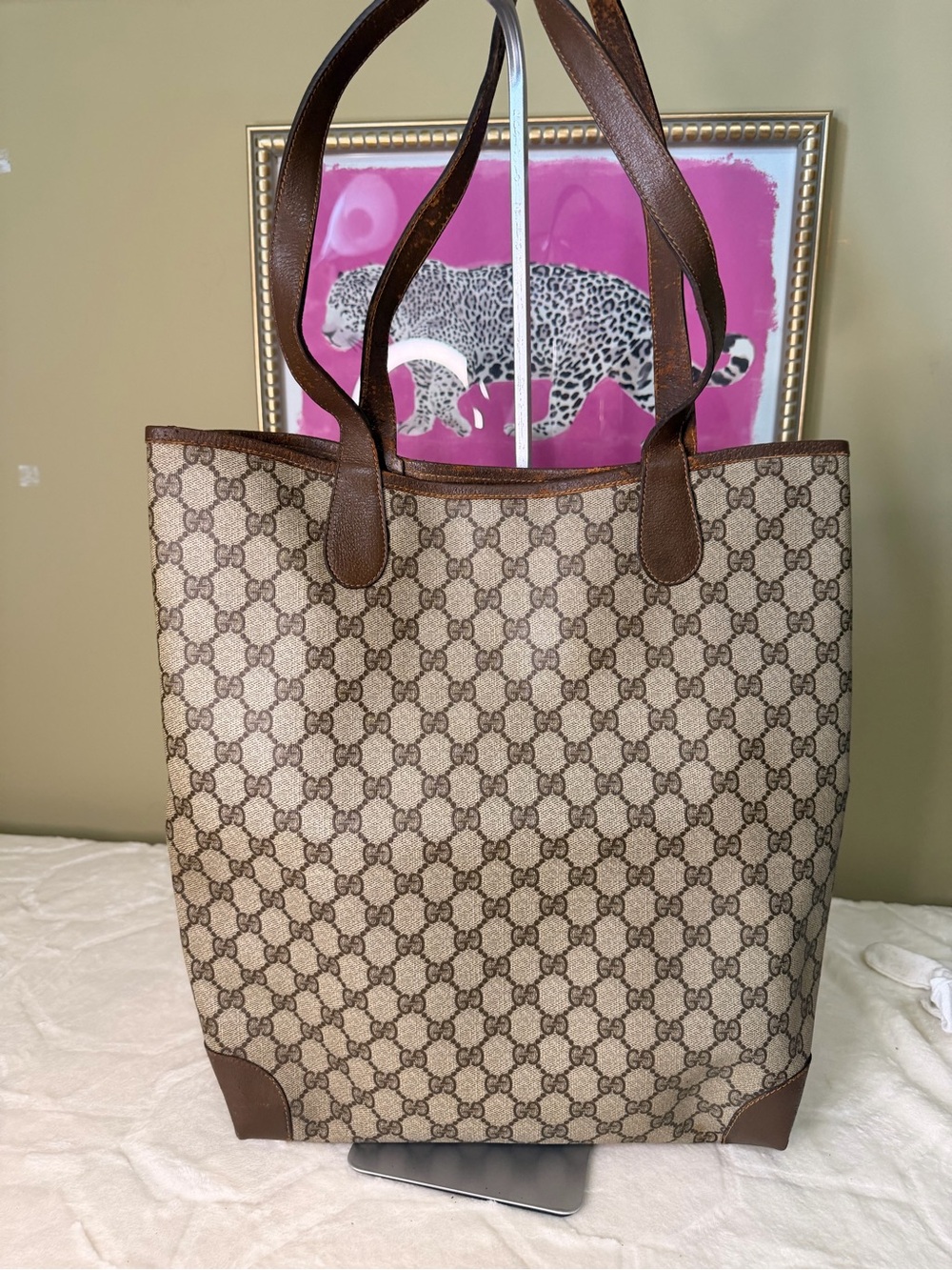 Gucci Brown GG Supreme Canvas Tote with Green-Red Stripe and Gold Hardware - Picture 4 of 16